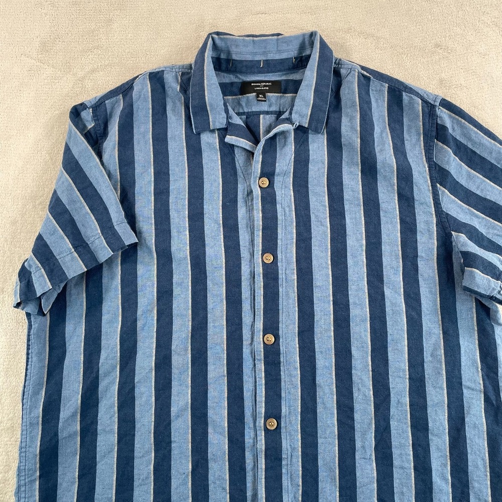 Banana Republic Camp Shirt Men XL Blue Striped‎ Linen Blend Loop Collar Vacation